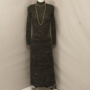 Vintage Metallic Knit Maxi Dress Black & Gold Classic Sweater 70s Form Fitting